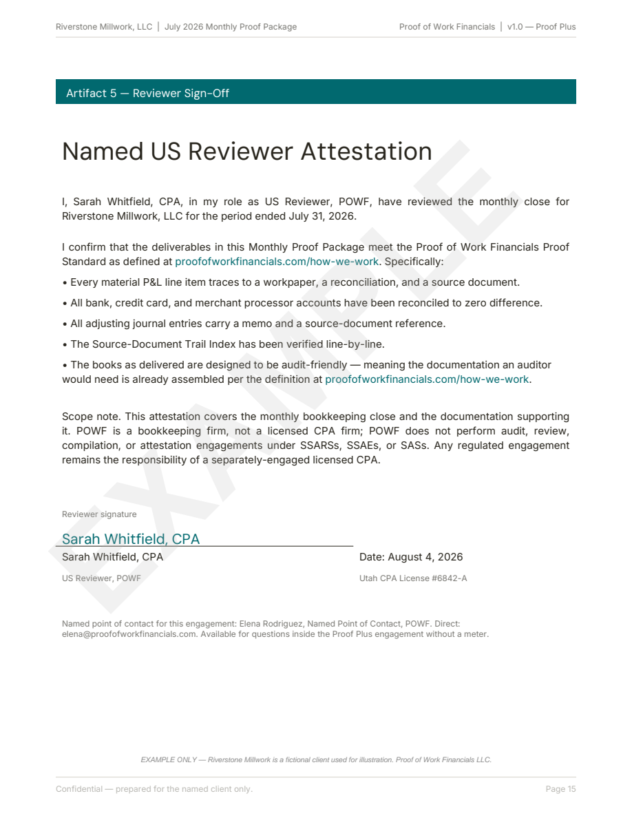 Reviewer page with reviewer name, credential, and date